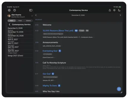 A digital service planner with schedule, songs, and scripture for a contemporary church service on December 6, 2026.