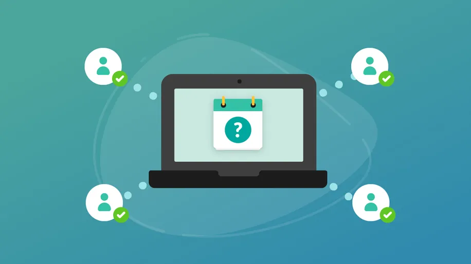 An illustrated laptop with a question mark on a calendar displaying.