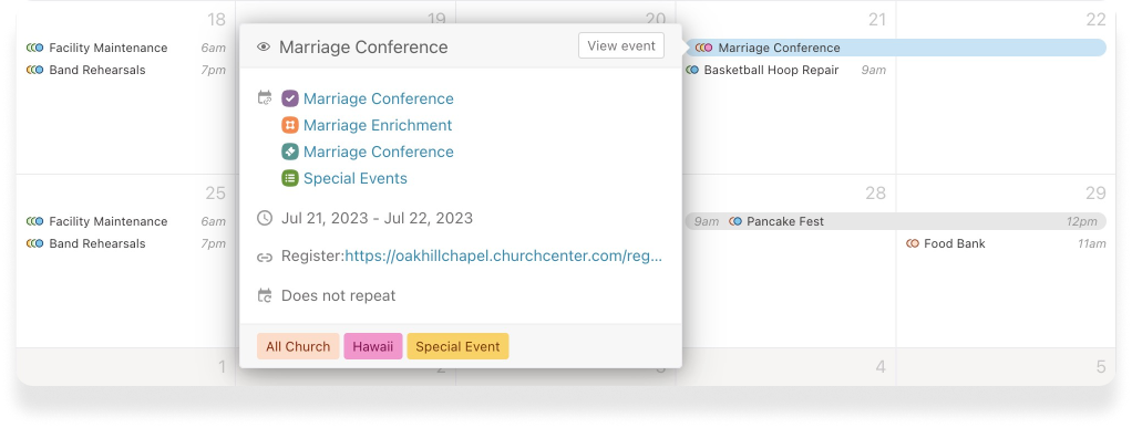 The event details on a calendar the with date, link to register, and which Planning Center products it's connected to.