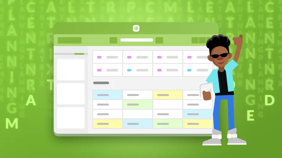 A boy wearing sunglasses giving a thumbs up while standing next to a scheduling grid.