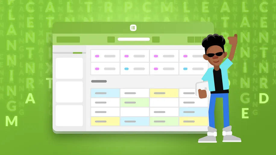 A boy wearing sunglasses giving a thumbs up while standing next to a scheduling grid.