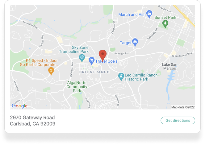 A Google maps embedded window displaying a pinned location and address.