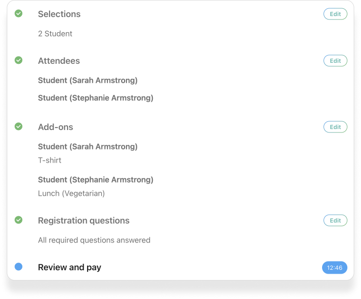 A one-page signup with green checkmarks next to all of a registrants selections.