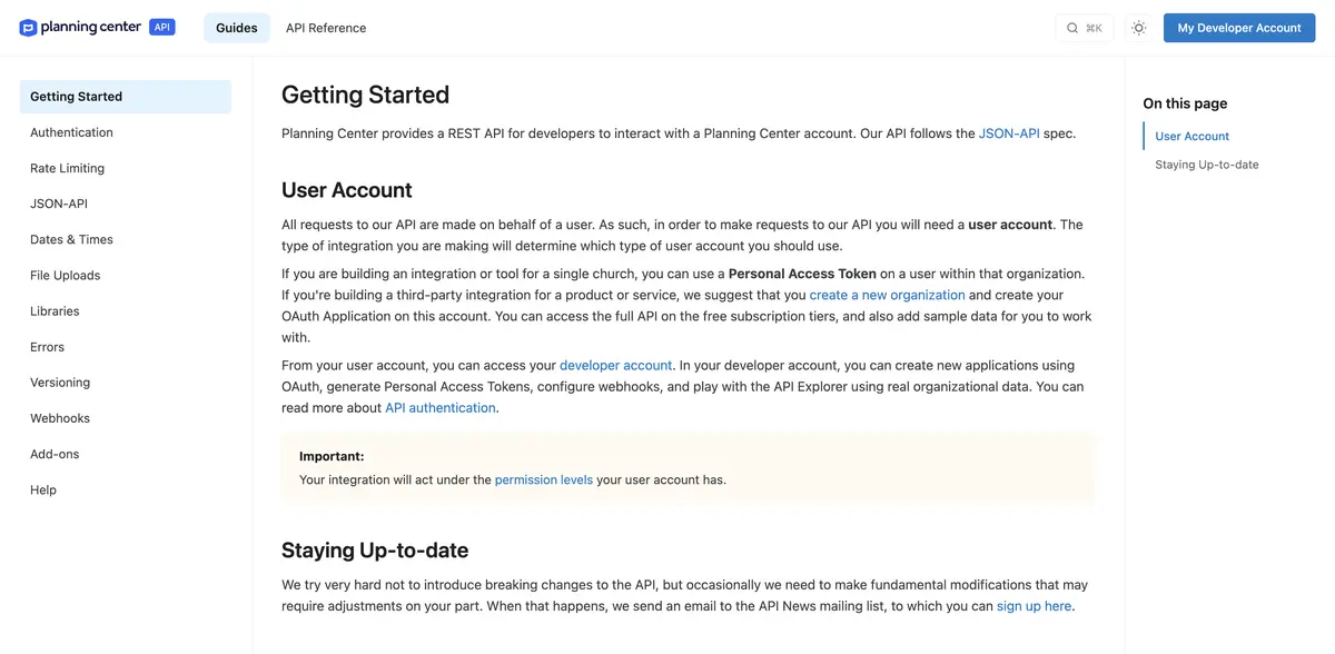 Screenshot of the Planning Center API documentation page. It includes sections on "Getting Started," "User Account," and "Staying Up-to-date."