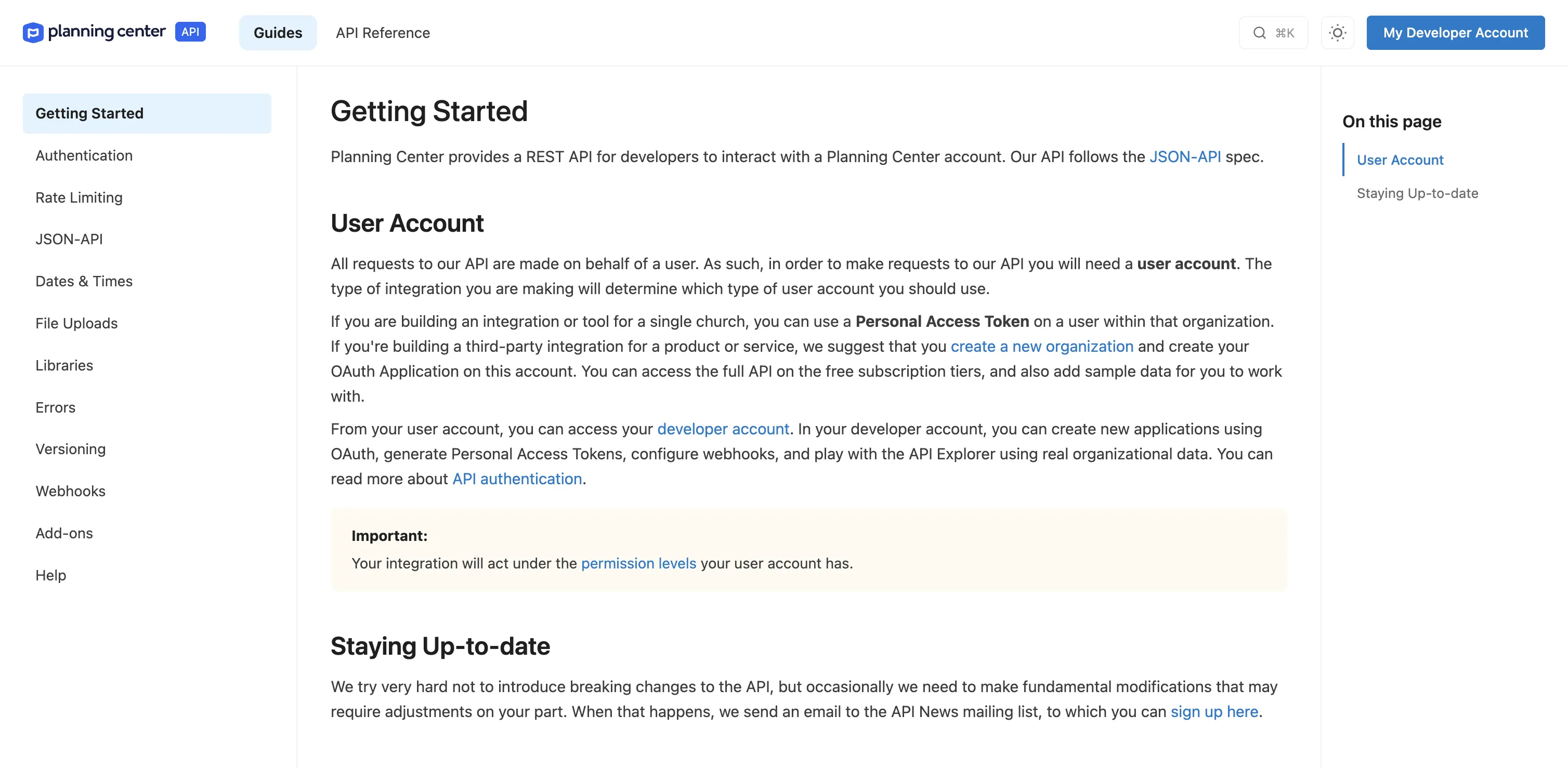 Screenshot of the Planning Center API documentation page. It includes sections on "Getting Started," "User Account," and "Staying Up-to-date."