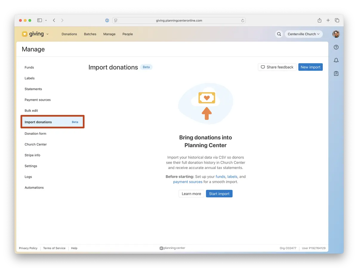 Webpage interface for importing donation history to Planning Center Giving, featuring options to share feedback, learn more, and start import.