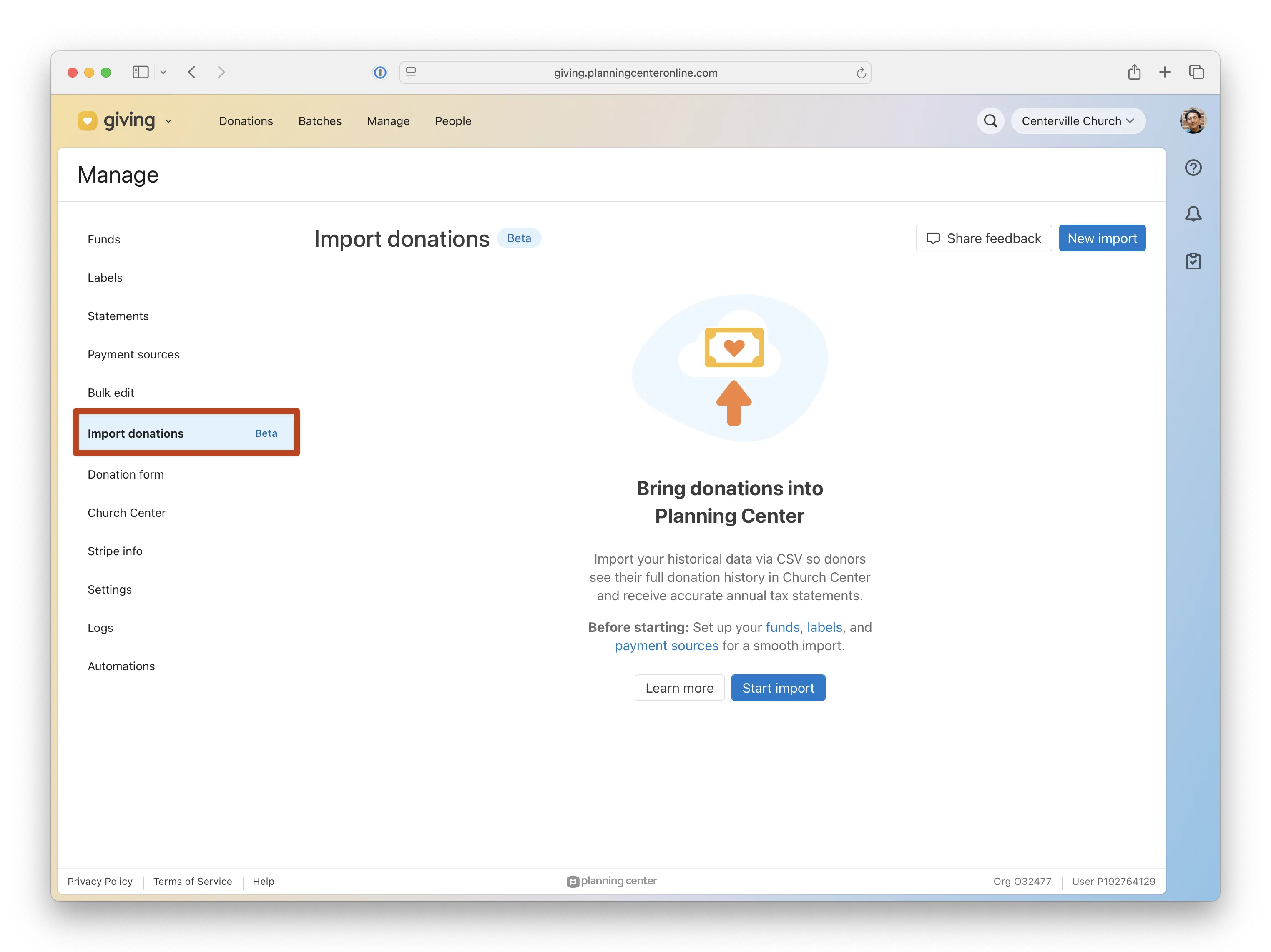 Webpage interface for importing donation history to Planning Center Giving, featuring options to share feedback, learn more, and start import.