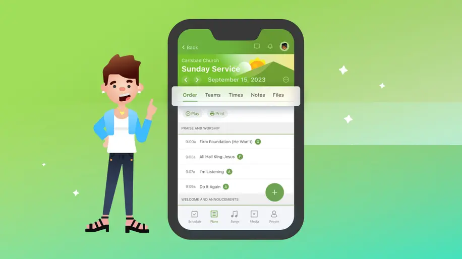 A woman with short brown hair and a light blue cardigan next to a phone with the redesigned plans page on the Services app.