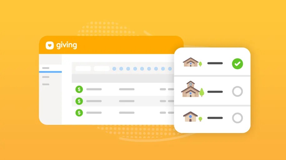 A donations dashboard in Giving with an illustration of three churches and green checkmarks next to them.