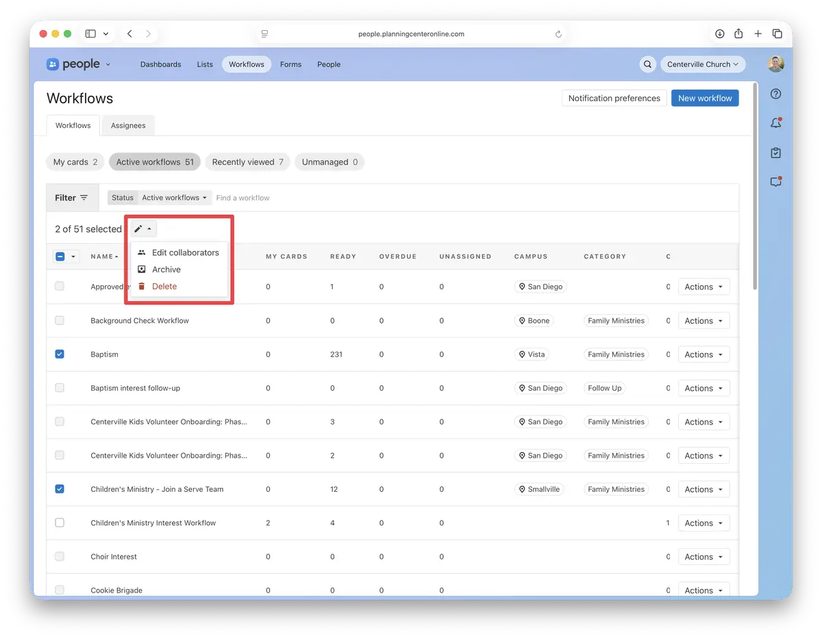 A workflow management interface showing a list of active workflows with options to edit collaborators, archive, or delete selected items.