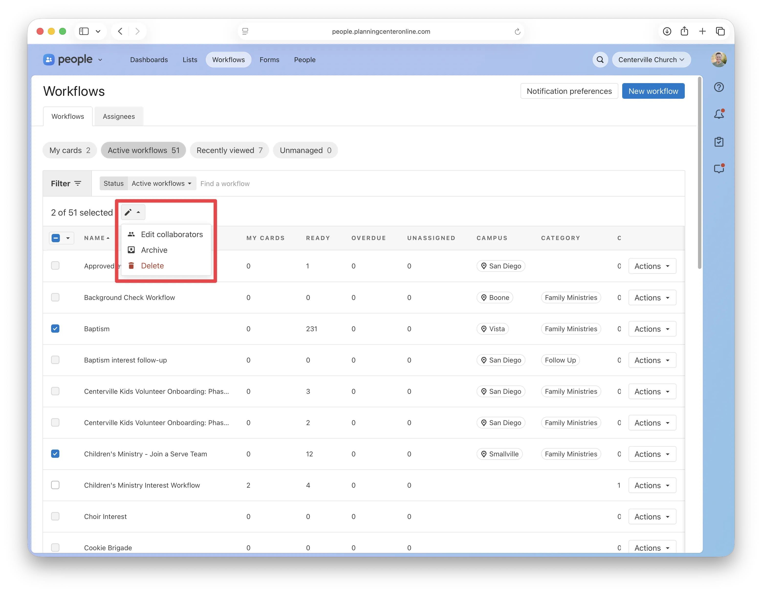A workflow management interface showing a list of active workflows with options to edit collaborators, archive, or delete selected items.