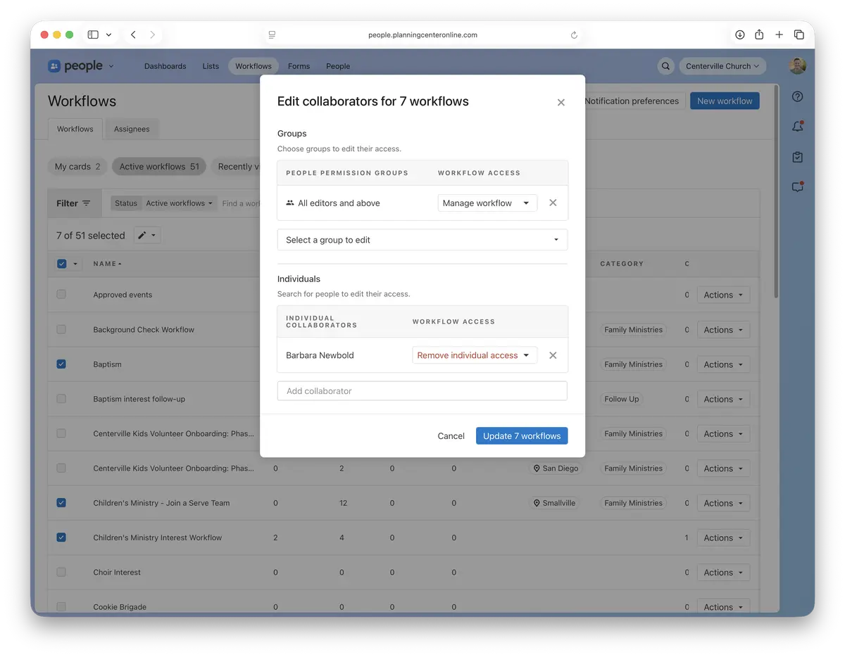 Workflow management interface showing edit options for collaborators, with selected workflows and permission settings.