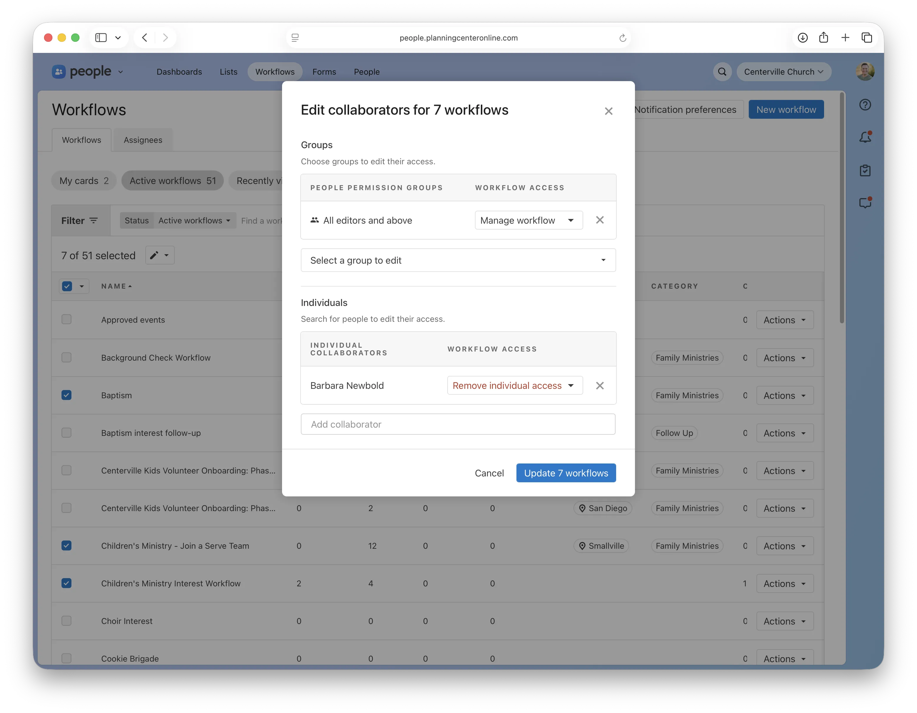 Workflow management interface showing edit options for collaborators, with selected workflows and permission settings.
