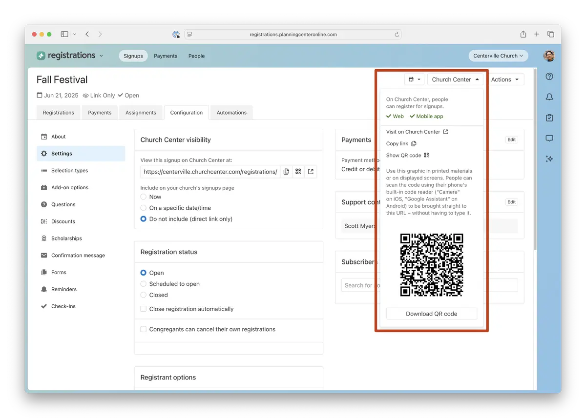 Planning Center Registrations - Screenshot of a church registration website for a Fall Festival, showing settings, a QR code, and a panel with options for visibility and payments.