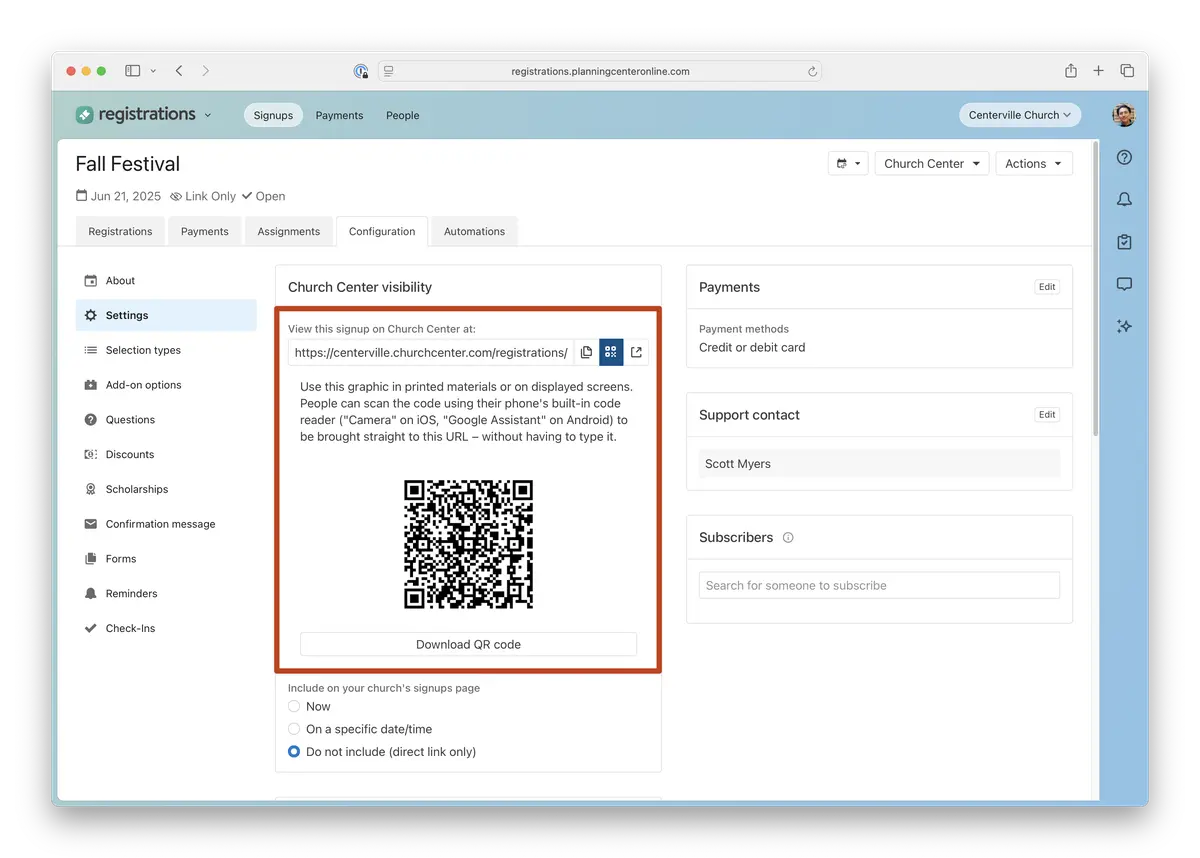 Planning Center Registrations - Screenshot of a registration dashboard for a Fall Festival, showing Church Center visibility settings with a QR code and download option.