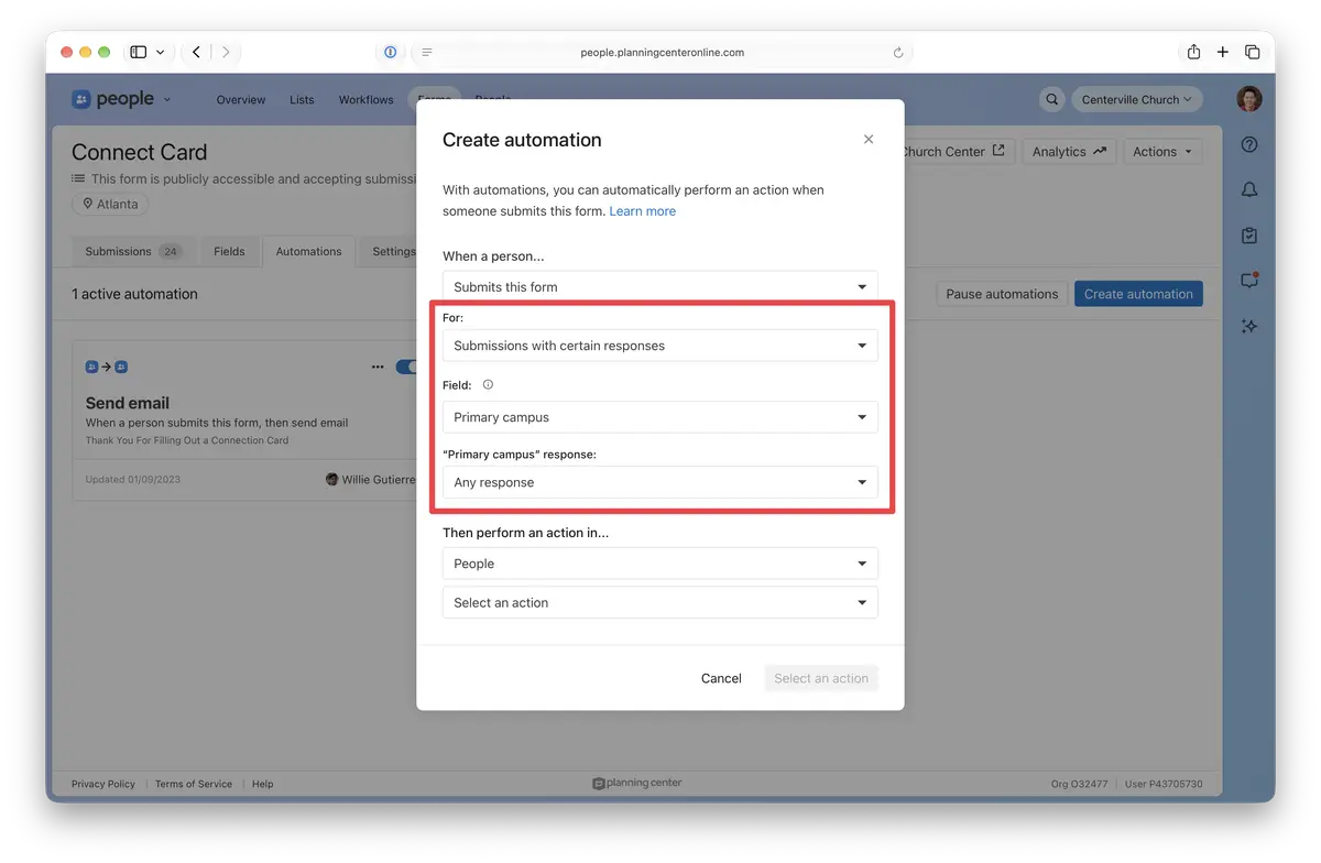 Screenshot of an automation setup interface on a website. Highlight option for configuring with "any response"