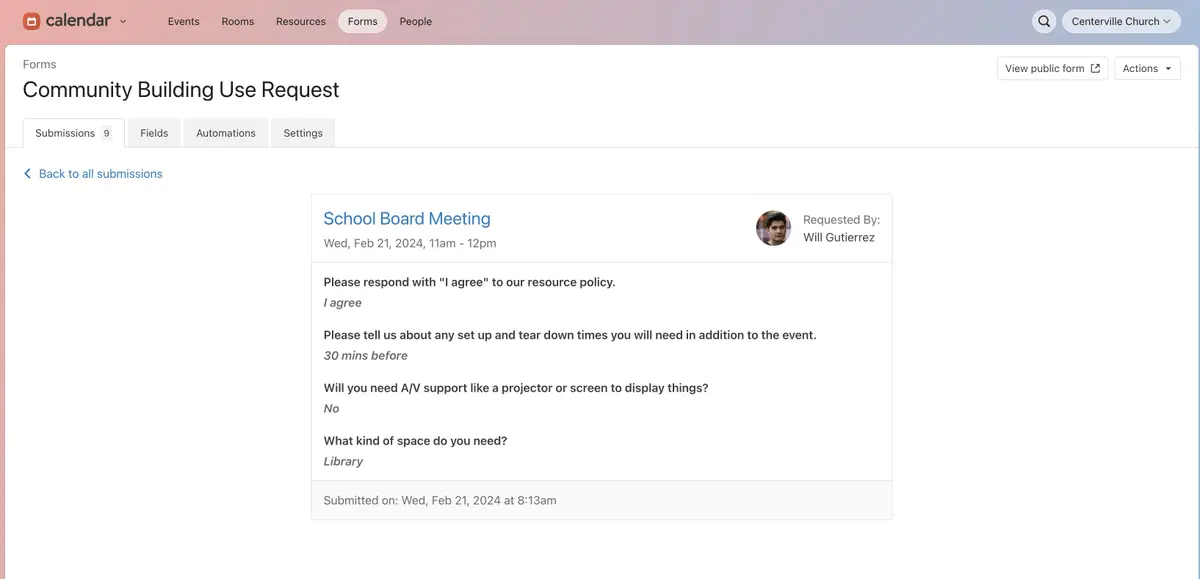 A webpage showing a community building use request form for a school board meeting scheduled on February 14, 2024, requesting setup details.