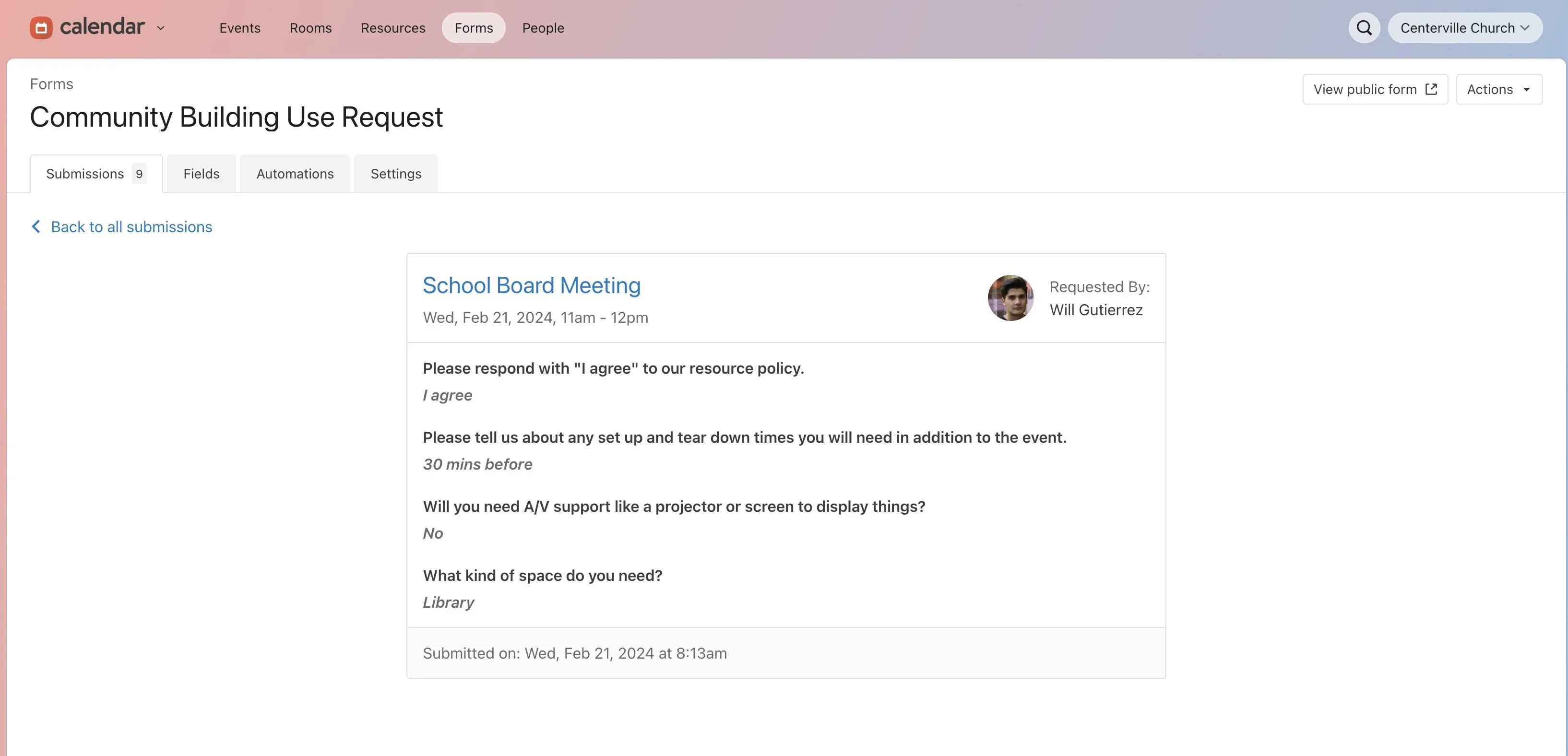 A webpage showing a community building use request form for a school board meeting scheduled on February 14, 2024, requesting setup details.