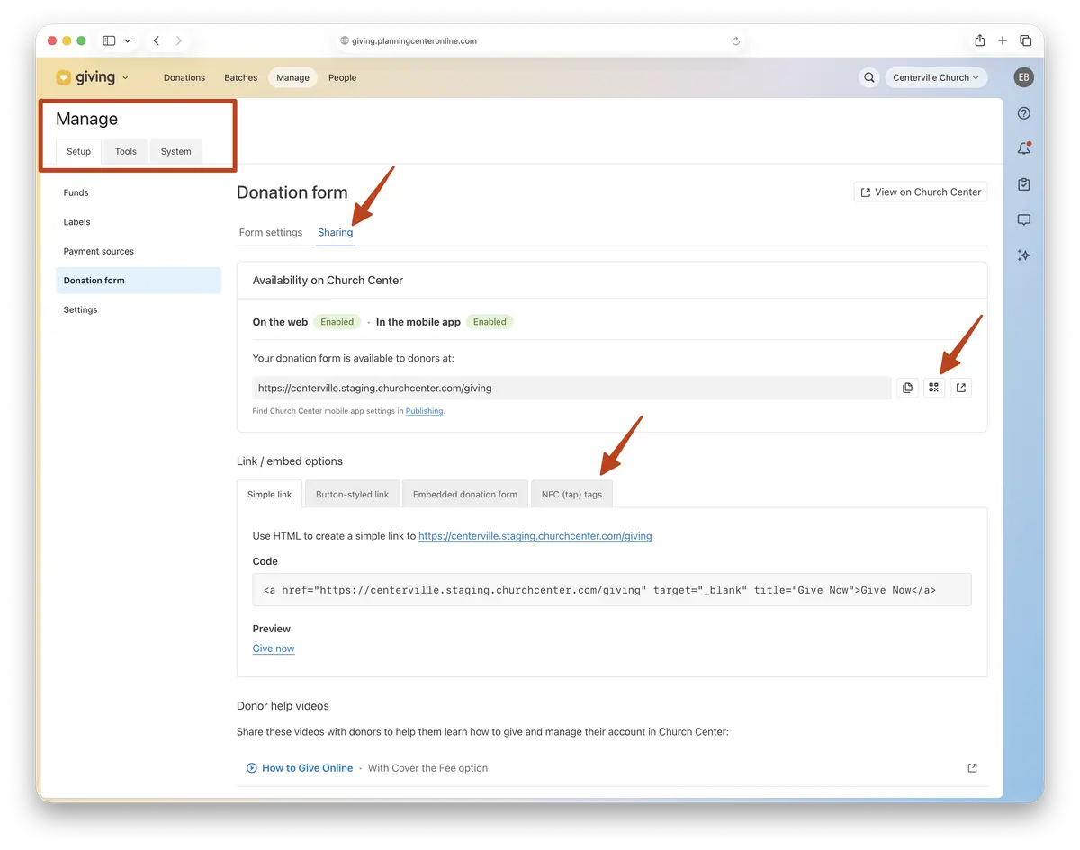 Screenshot of a donation form management page with options for sharing, availability settings, and HTML link/embed code for donations.