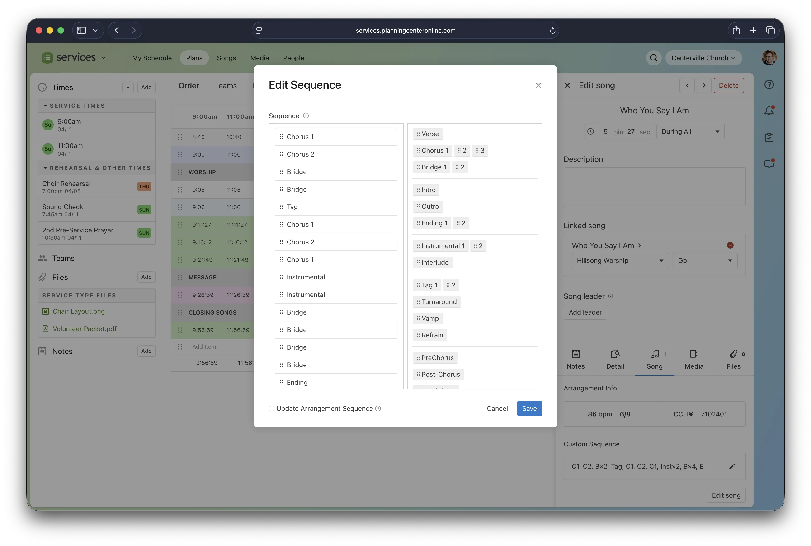 A Planning Center interface showing an "Edit Sequence" window for a song with various song parts and arrangement options.