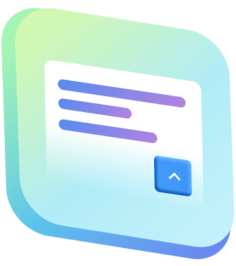 A stylized illustration of a gradient-colored card with text lines and an up arrow button, set against a rounded blue-green background.