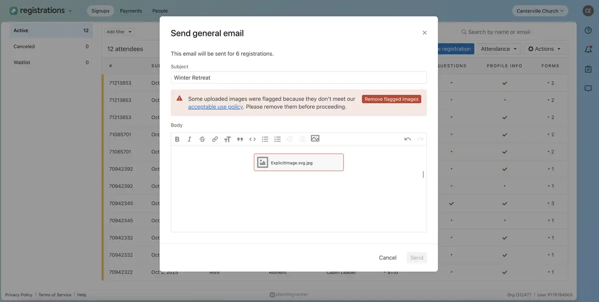 Email form with error message about flagged images and a warning to remove them. Text fields for subject and body are visible.