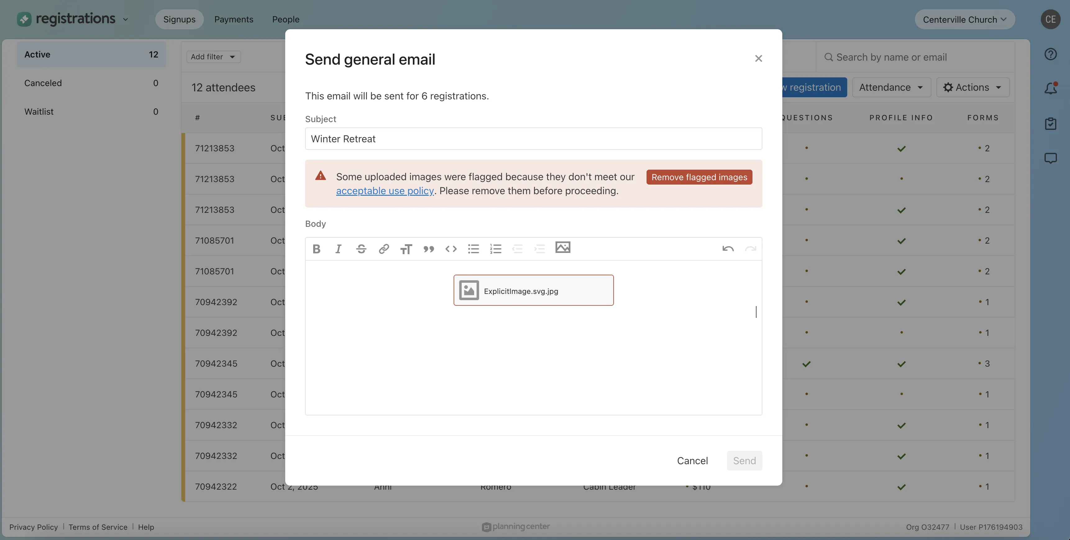 Email form with error message about flagged images and a warning to remove them. Text fields for subject and body are visible.