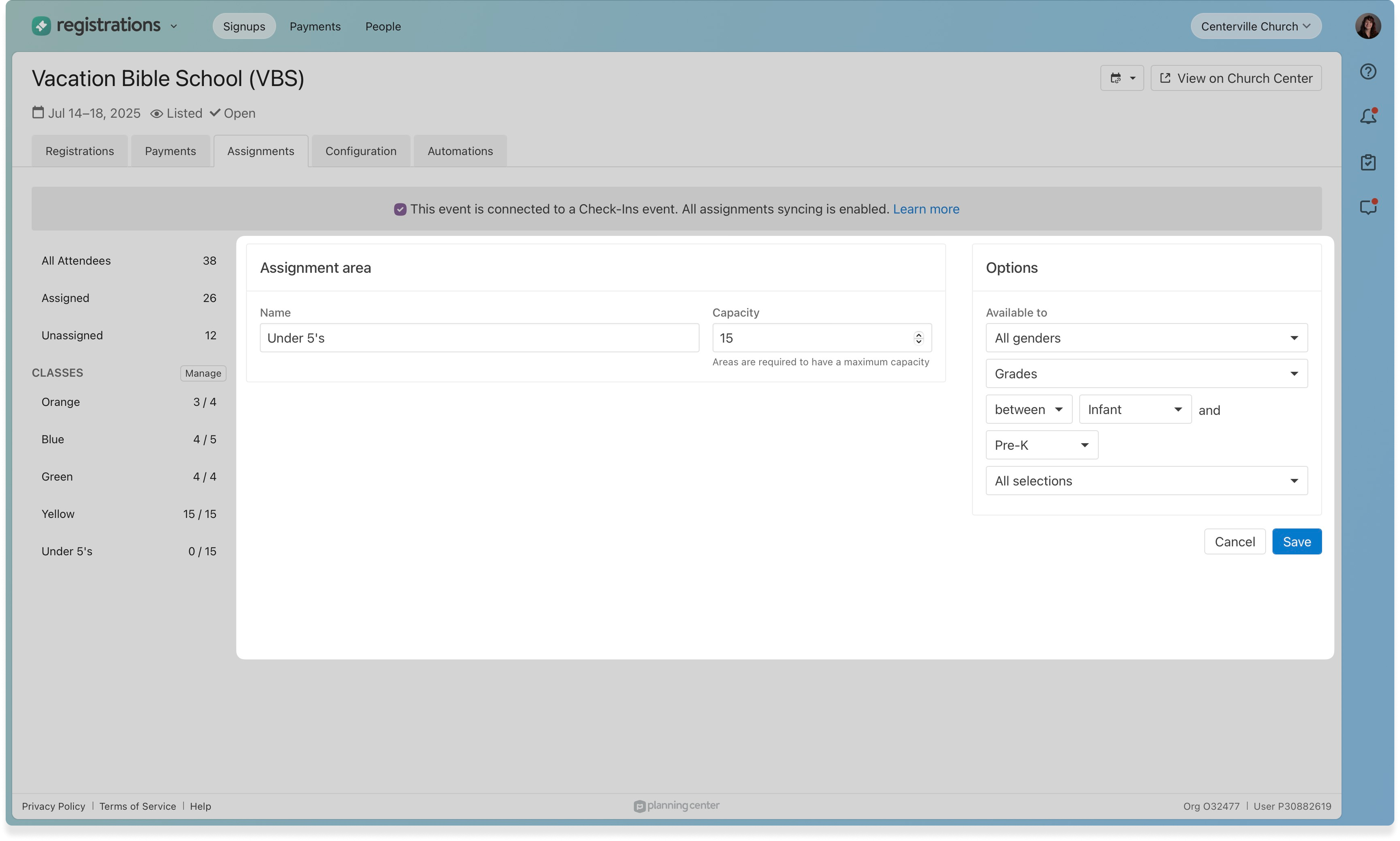 Assignments with new preschool grades in registrations.