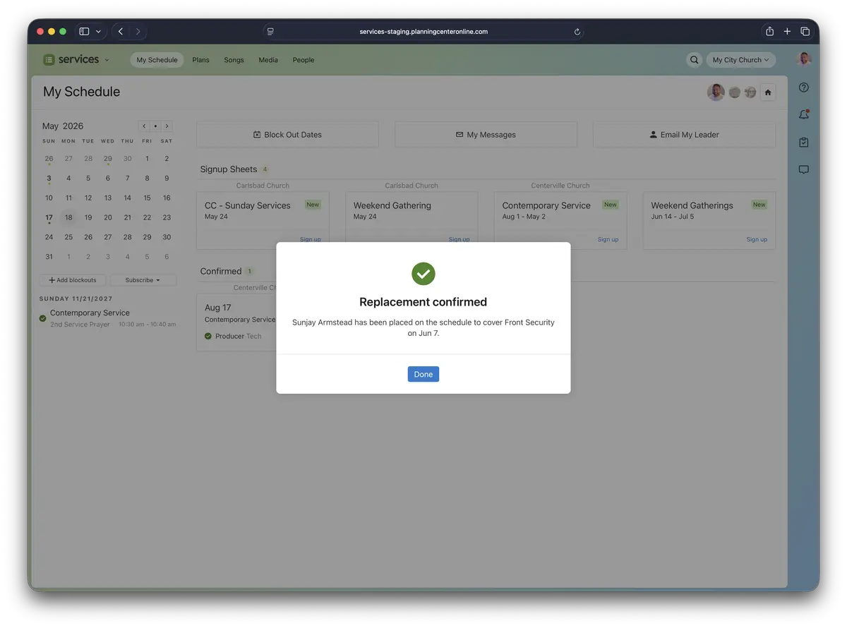 A schedule confirmation dialog on a web page shows "Replacement confirmed" for a security role on June 7.