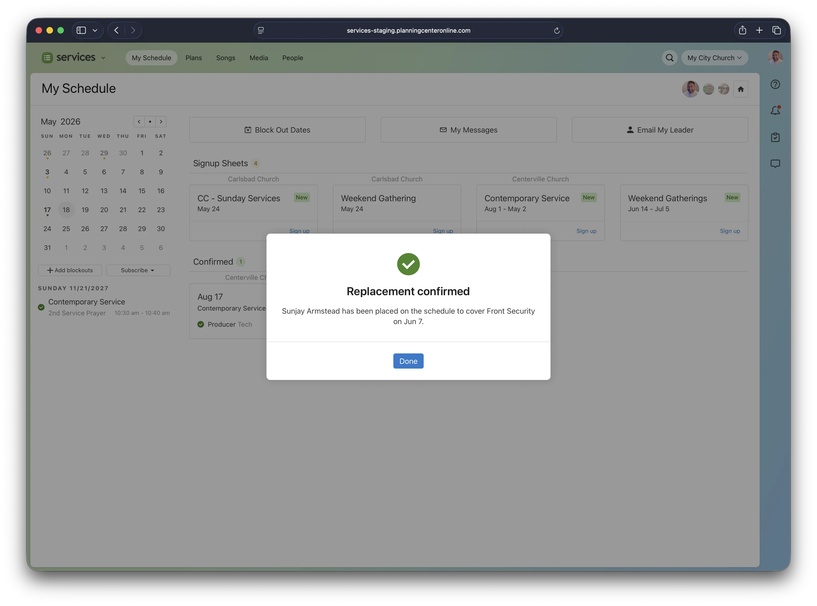 A schedule confirmation dialog on a web page shows "Replacement confirmed" for a security role on June 7.