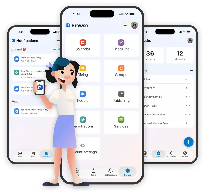 Animated character holding a phone displaying a mobile app interface with notifications, tasks, and menu options like Calendar and Groups visible.