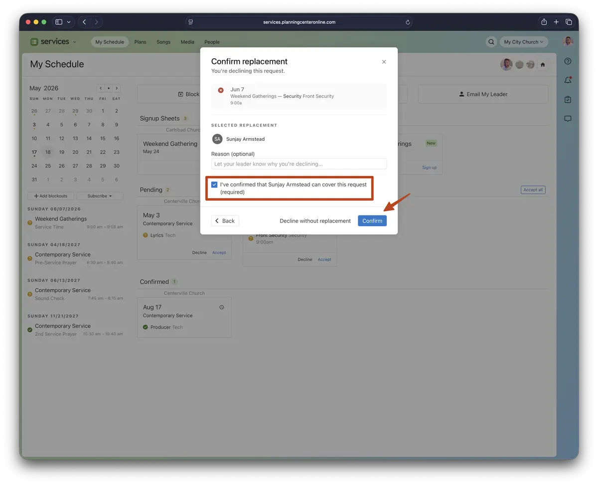 Confirmation dialog on a service scheduling webpage. A replacement for a security role is selected and ready to confirm.