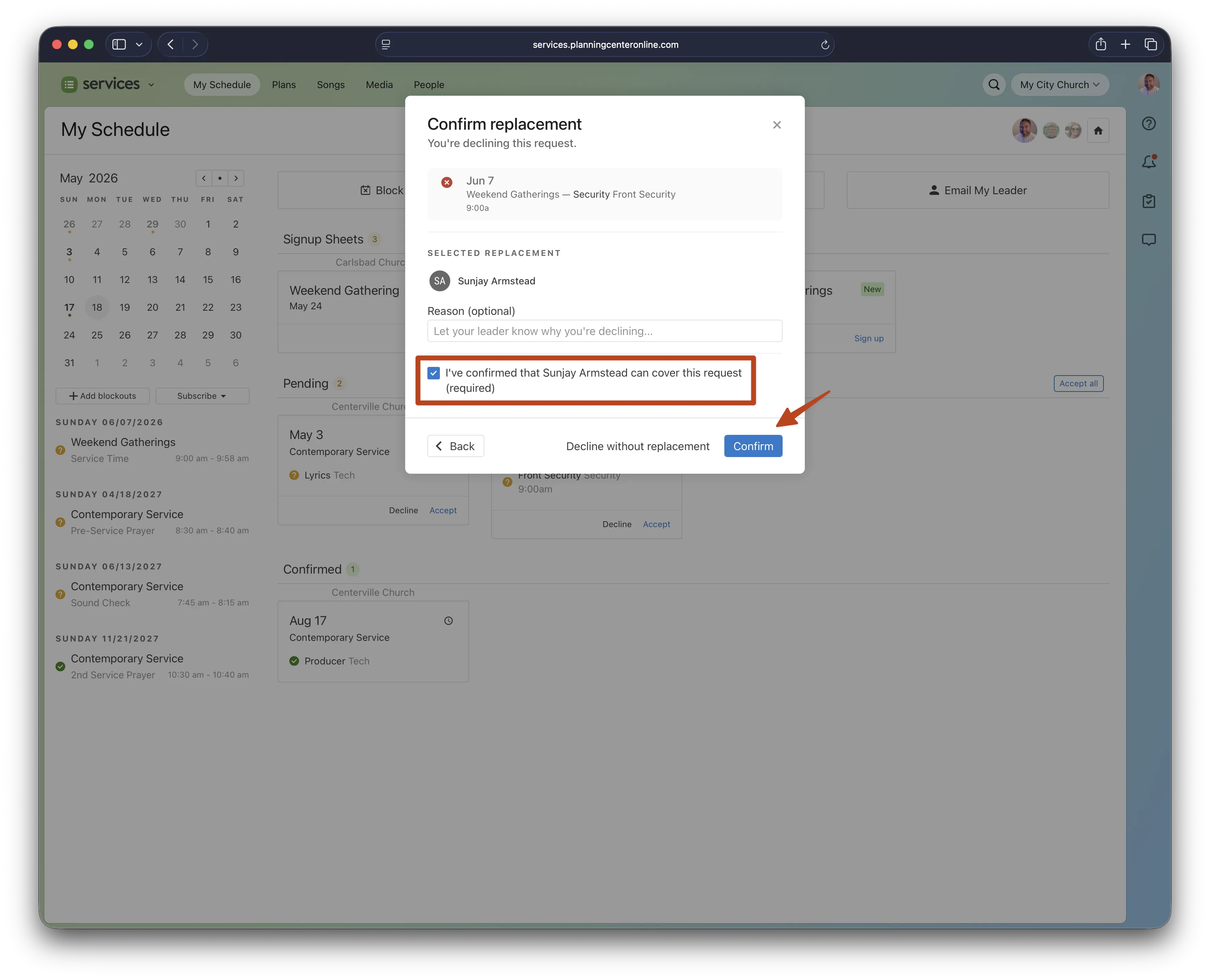 Confirmation dialog on a service scheduling webpage. A replacement for a security role is selected and ready to confirm.