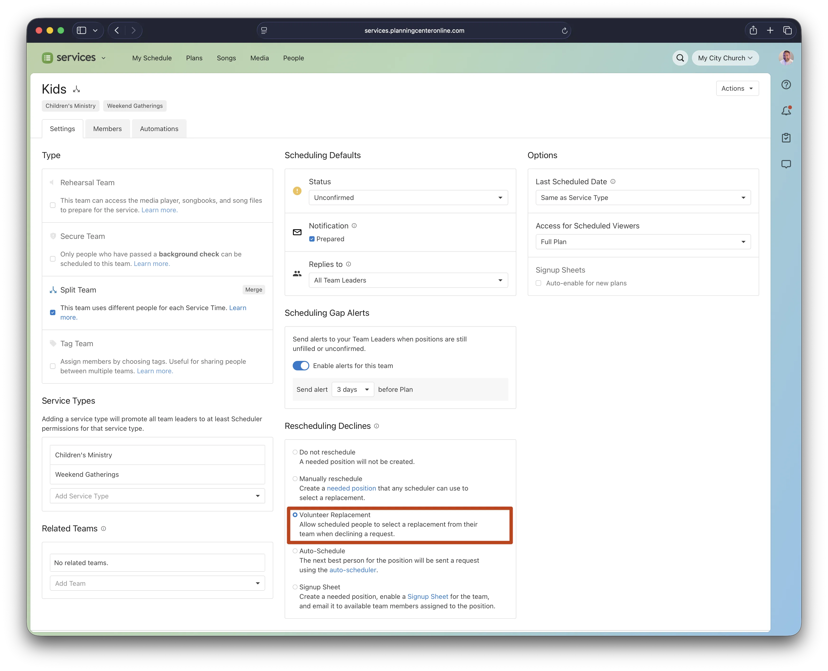 Dashboard with settings for scheduling volunteer teams, showing options for notifications, rescheduling declines, and service types.