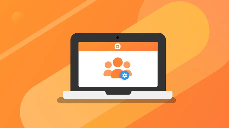 An open laptop with three orange stick figured on the screen next to a blue and white gear icon.