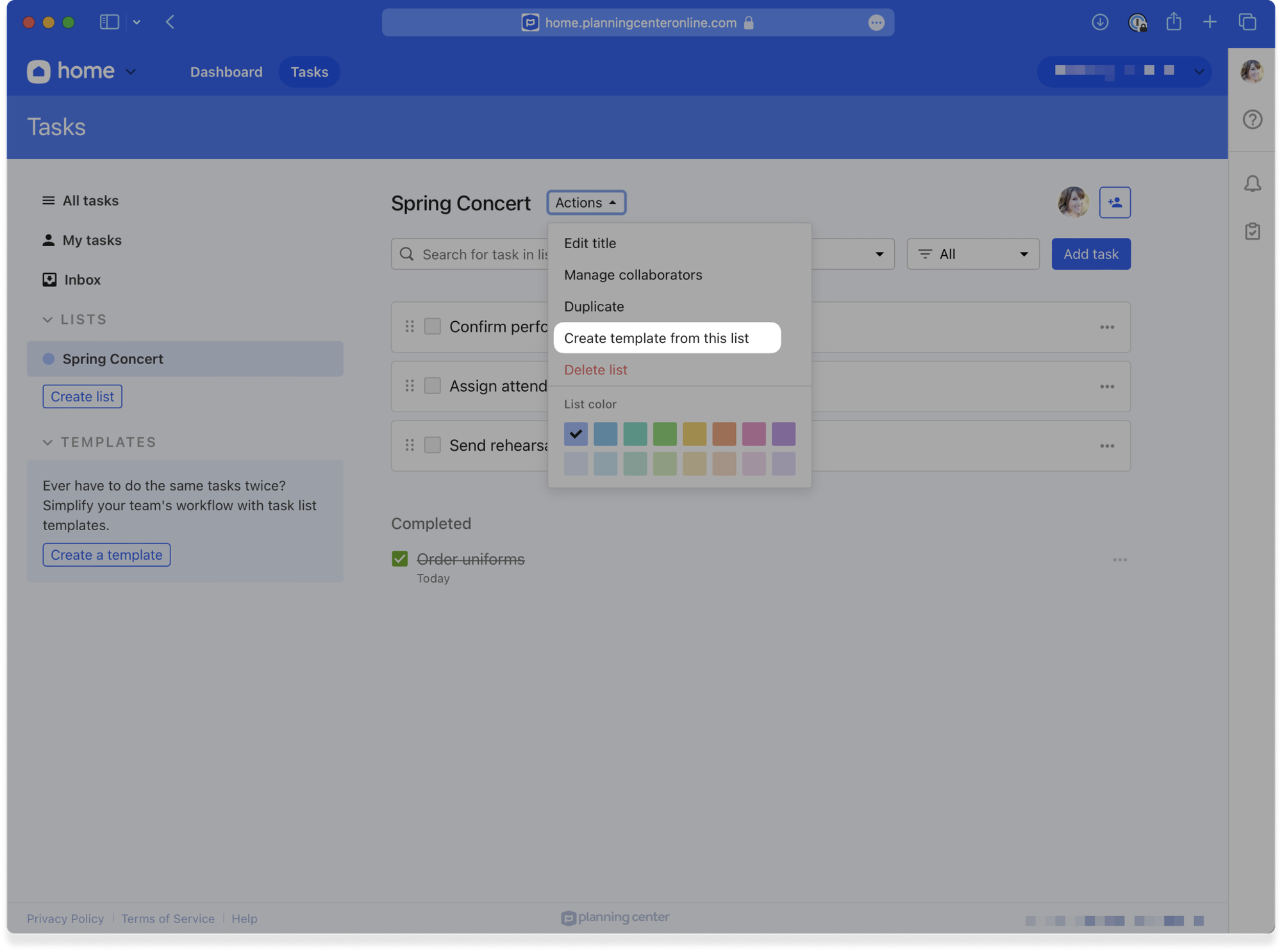 A task list in for an even in Planning Center Home with a drop-down menu displaying the option to create a template.