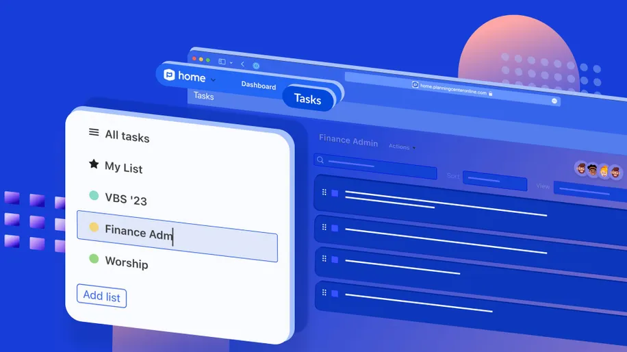 A task list in Planning Center with an edit being made to the Finance list title.