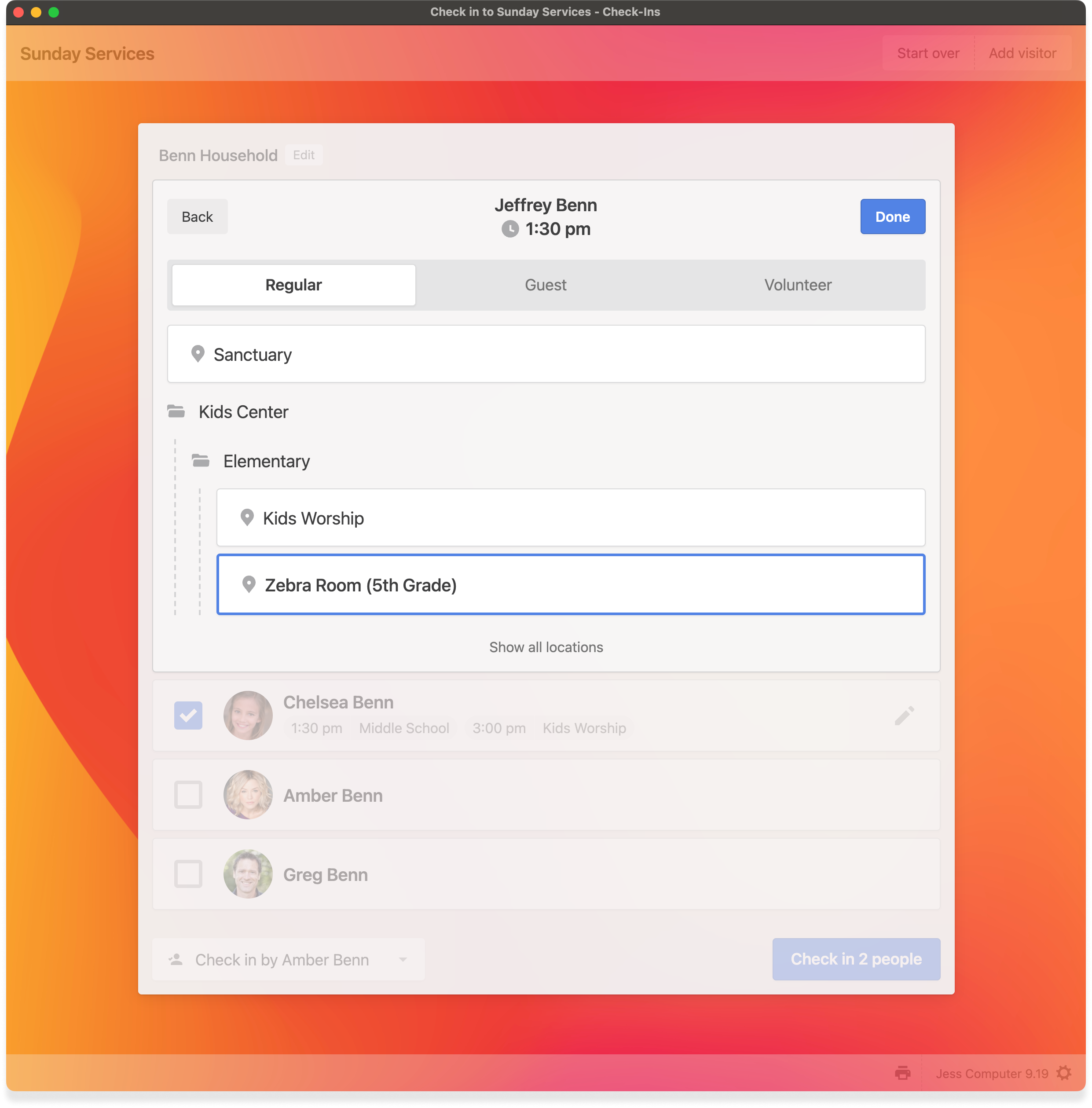 A stations screen with a list of different rooms for the children's ministry.