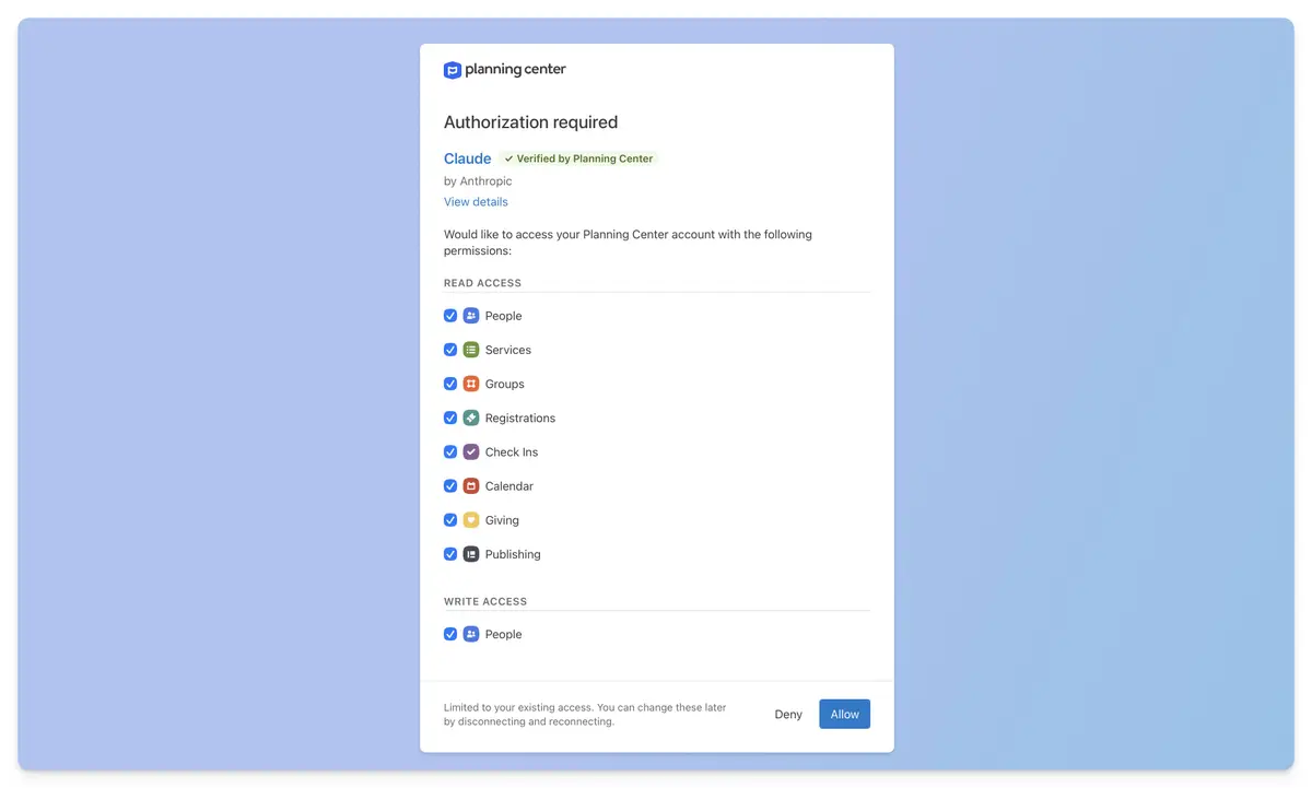 Authorization request screen for Planning Center, displaying permissions for accessing and writing data on various categories like People and Calendar.