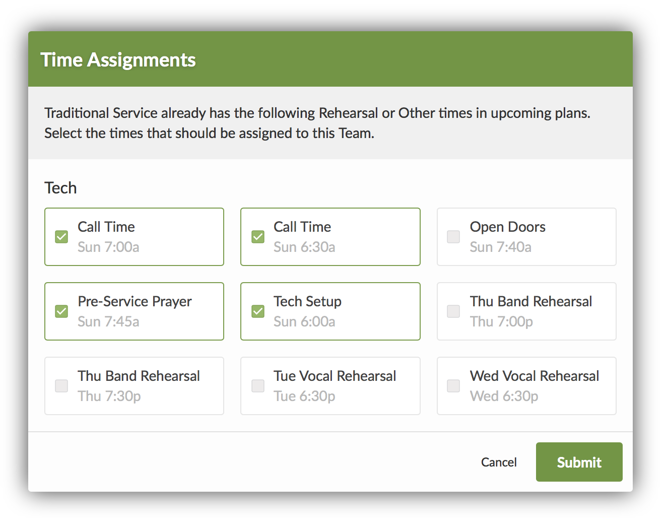 null A time assignments modal with various time options for rehearsal times.