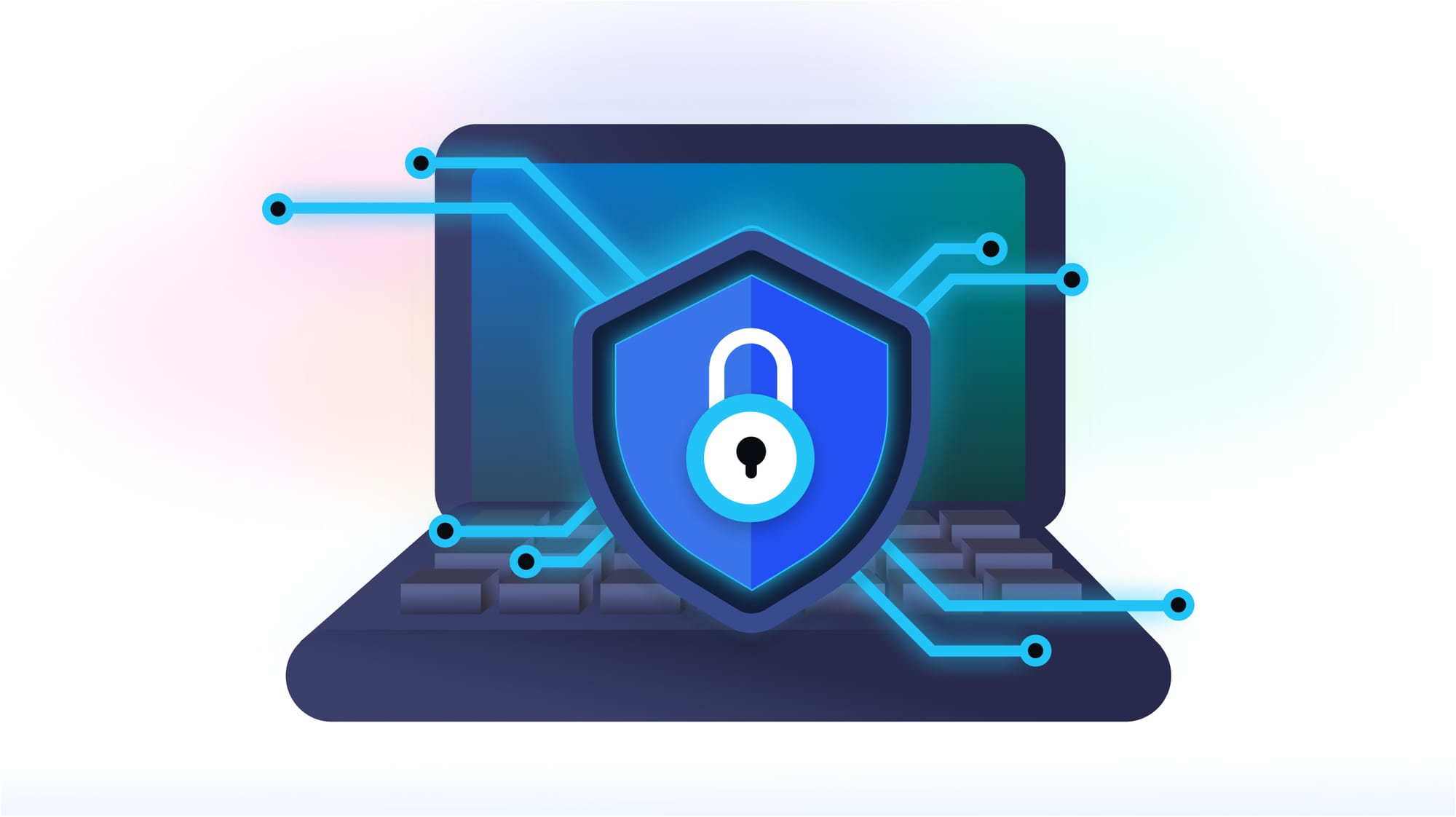 null An open laptop with a security shield and lock overlayed.