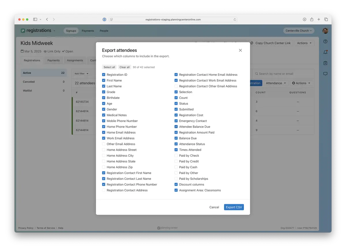 Pop-up window titled "Export attendees" with options to select columns for CSV export for Registrations, including attendee names, emails, and status.