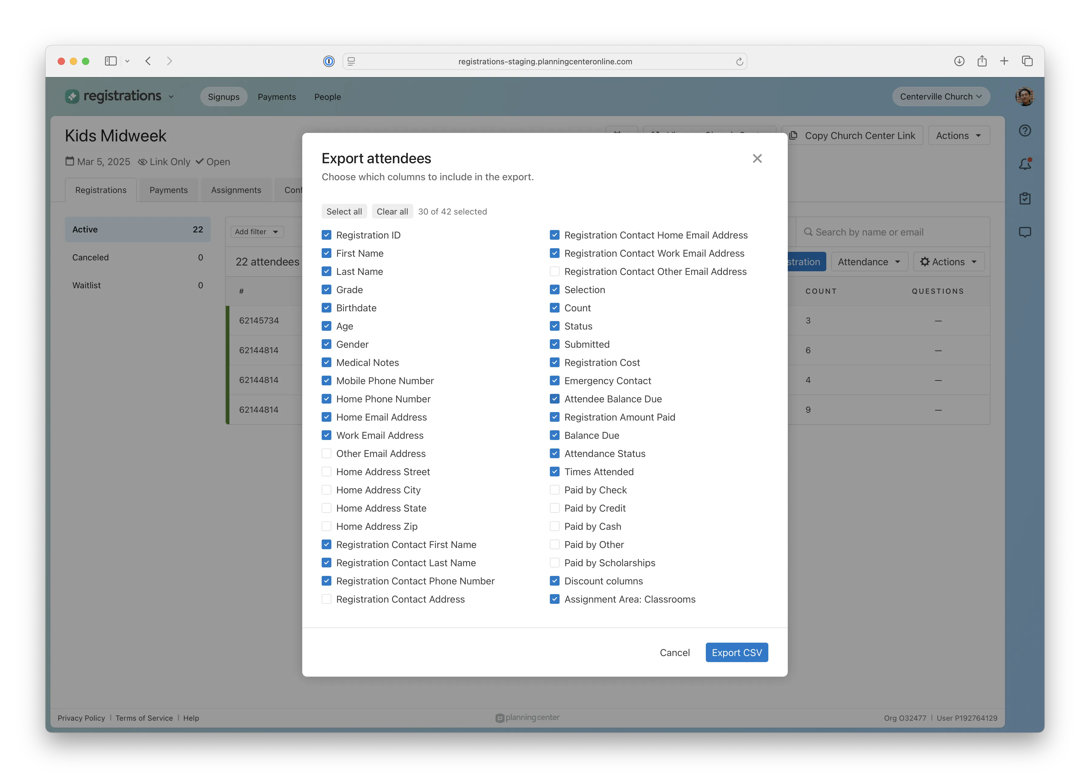 Pop-up window titled "Export attendees" with options to select columns for CSV export for Registrations, including attendee names, emails, and status.