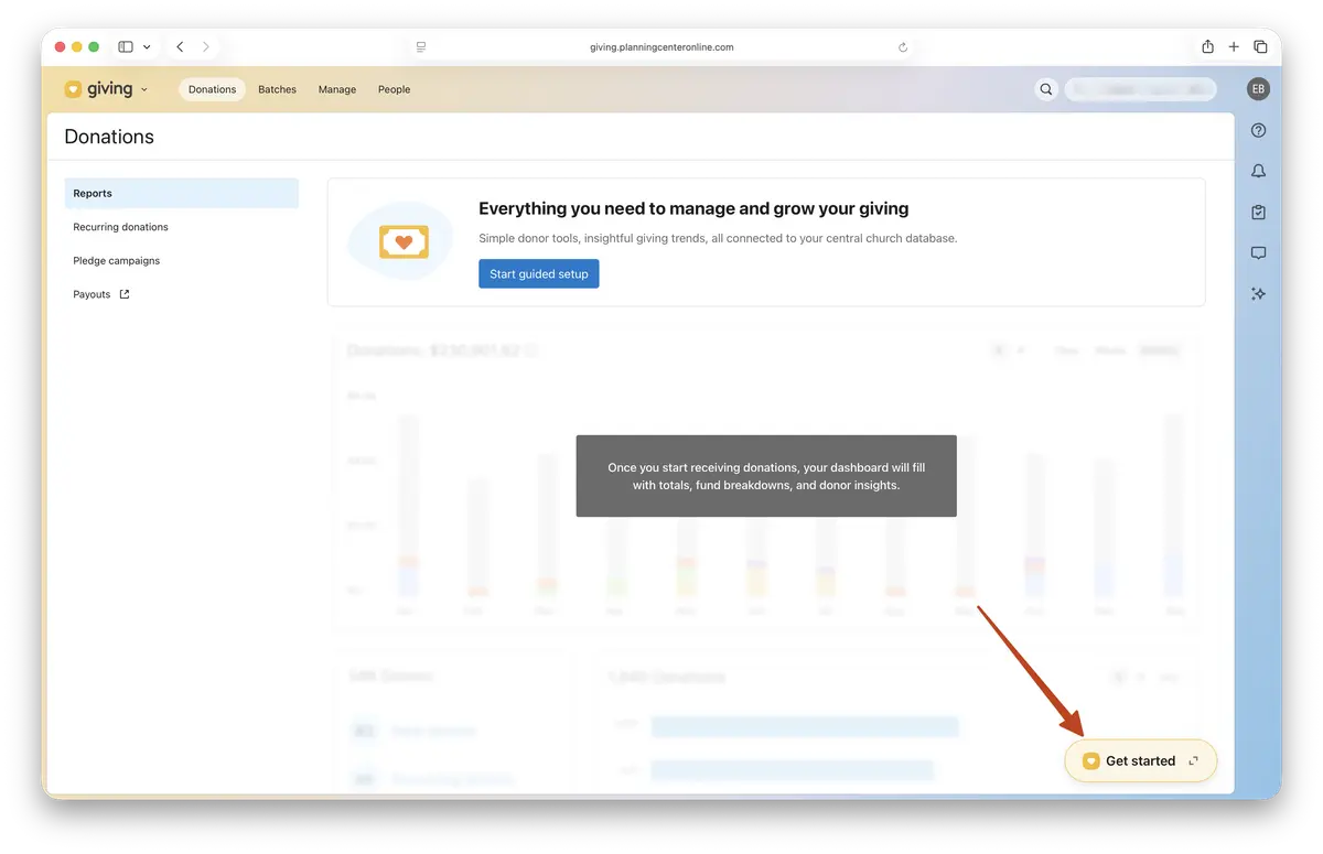 Dashboard interface for managing donations, featuring options for reports, recurring donations, and a guided setup with a "Get started" button.