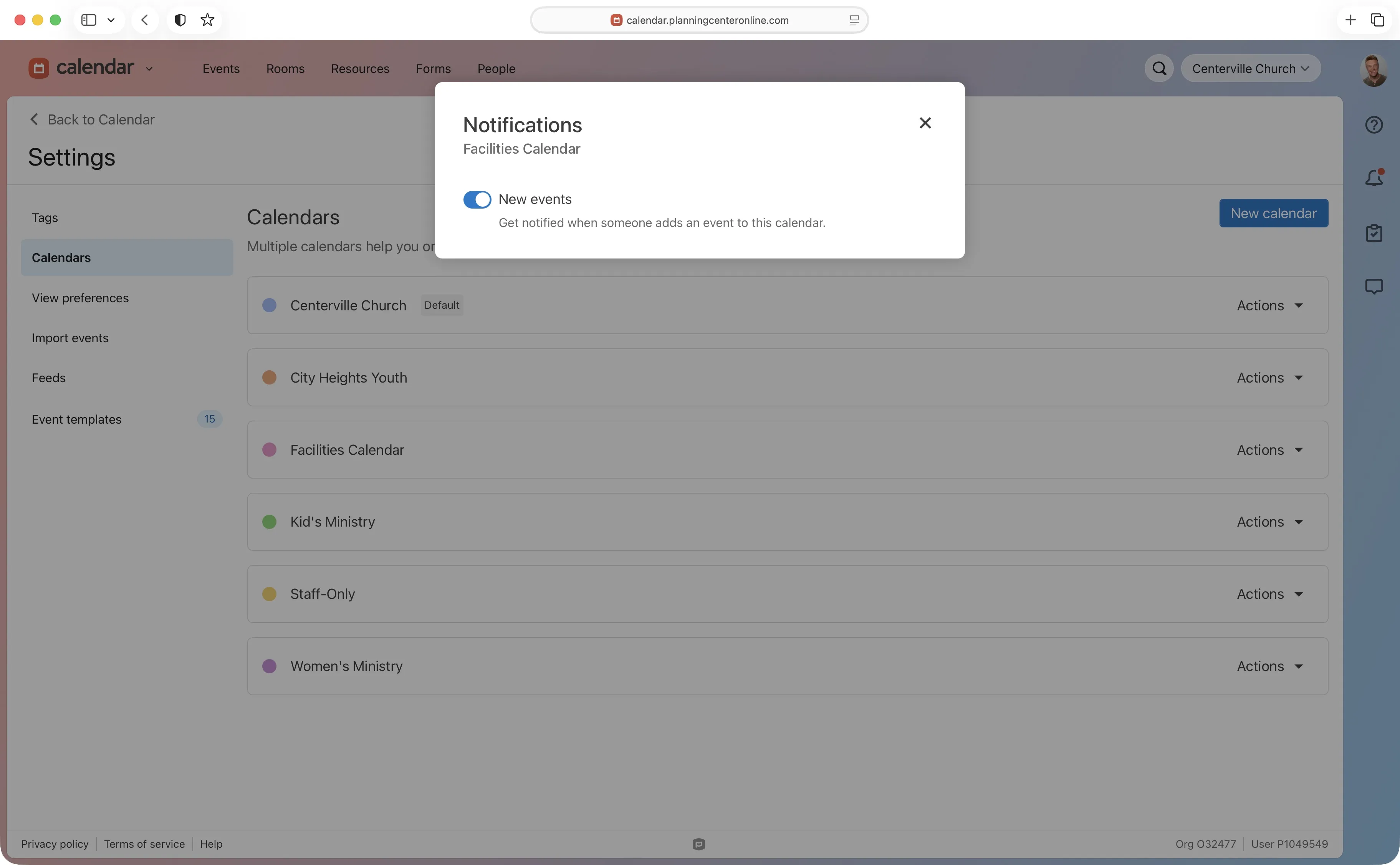 Calendar settings page showing multiple calendars and a notification pop-up for new events on the Facilities Calendar.