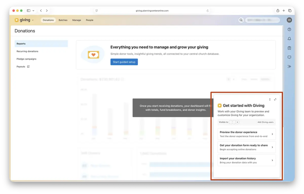 Screen showing a donations management dashboard with options like "Get started with Giving," "Preview the donor experience," and a bar graph.