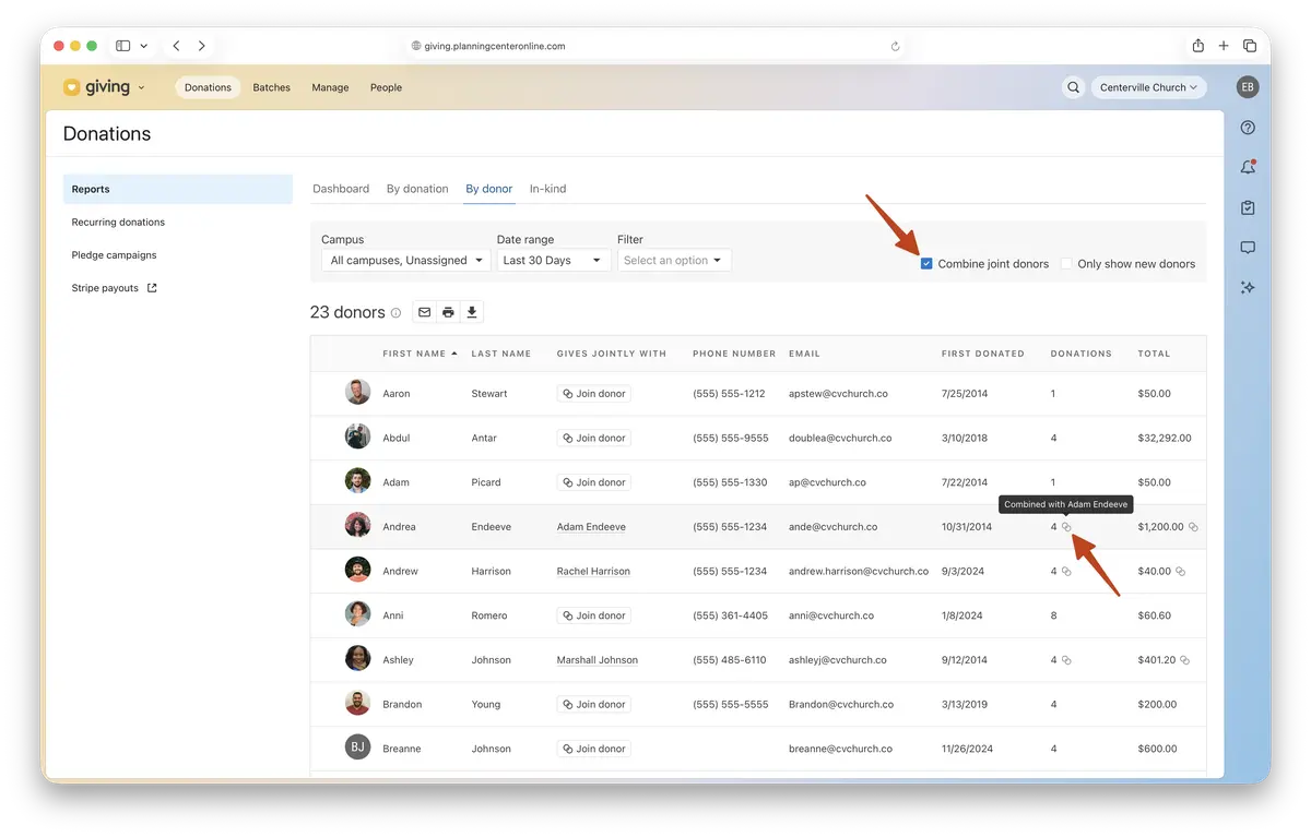 A screenshot of a donations management webpage showing a list of 23 donors with names, contact info, donation dates, and totals. Arrows highlight options.