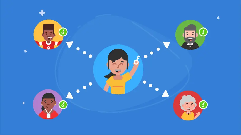 Cartoon woman in the middle surrounded by other cartoon people with arrows pointing out to each one.