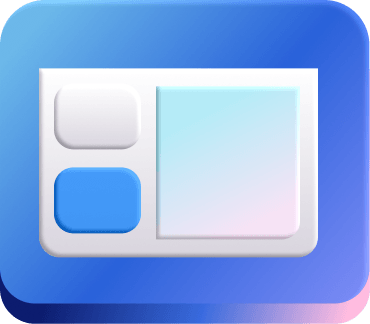 Icon of a three-panel layout on a gradient blue background, with two small rounded rectangles on the left and a larger pale one on the right.
