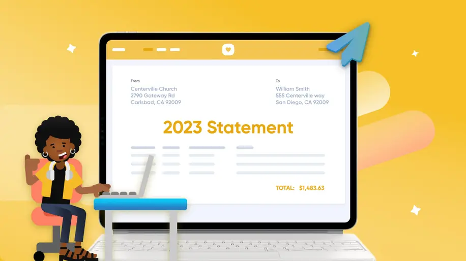 A laptop open with an end-of-year giving statement and a woman sitting at a desk typing.